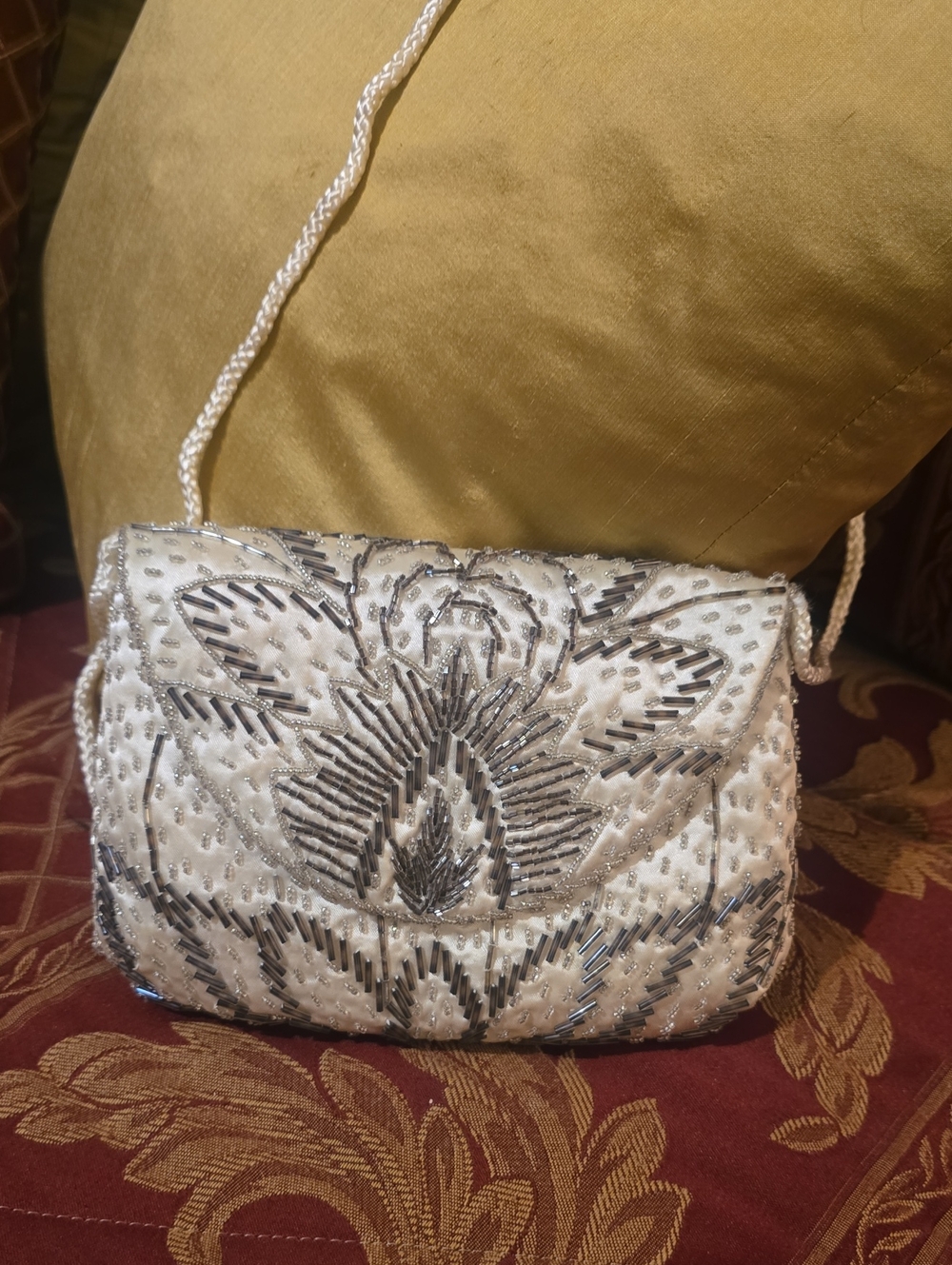 Embellished White Beaded Crossbody Bag